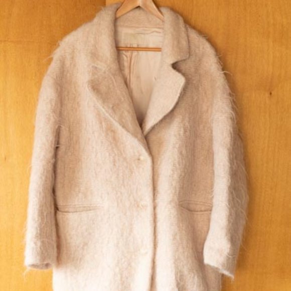H&M Wool Alpaca Mohair Poly Blend Fuzzy Baby Pink Pocketed Teddy Coat women 10 - Picture 2 of 15